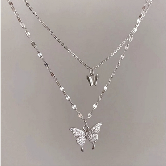 Elegant Rhinestone Butterfly Multi-Layer Sterling Silver Necklace‎ - Picture 1 of 6